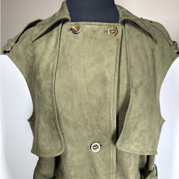 Laundry by Shelli Segal Faux Suede Gilet Jacket Sleeveless Epaulettes Green Sz S - Picture 7 of 16